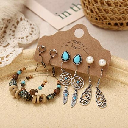 STAR WORK - 6 Pairs Bohemian Tassel Earrings Set Vintage National Style Leather Heart Shape Earrings Acrylic Stud Hoop Drop Dangle Earrings for Women Girls (O-2)