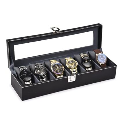 STORESHINE Men's and Women's Leatherette Watch organizer holder Case for 6 Watches in Black or Grey Color, Removable Watch Pillows, Watch Box Holder, Gift for Loved Ones