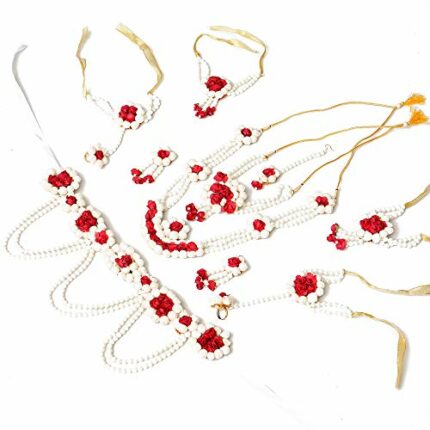 Sanvatsar Jewellery Pearl Designer White & Red Jewellery Set with 10 Items for Women & Girls (Mehandi/Haldi Bridal/Baby Shower function) SP.5