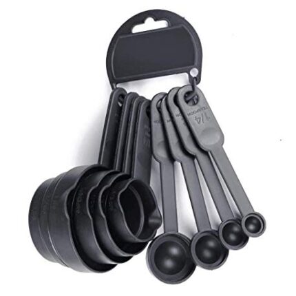 Sheetal 8 Piece Measuring Cup & Spoon Set - Multi Purpose Kitchen Tool (with Free Hanging Groove), Black (Pack of 1)