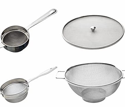 SignoraWare Stainless Steel Kitchen Strainers Combo with Tea&Coffee Strainer/Chalni, Soup/Oil/Ghee Strainer/Chalni, Food/Milk Cover Jali,Colander/Fruit/Vegetable Basket (Ideal for 5-8 Persons) Set/4