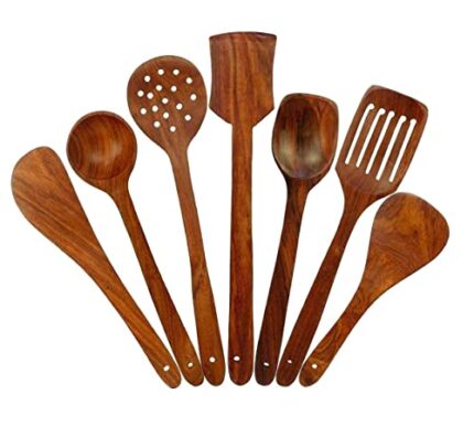 Simran Handicrafts Wooden Serving And Cooking Spoons Wood Brown Spoons Kitchen Utensil Set Of 7 - 8.3 Cm