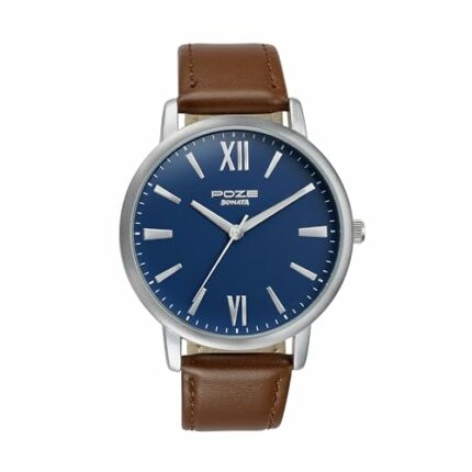 Sonata Poze Quartz Analog Blue Dial Leather Strap Watch for Men-SP70039SL02W