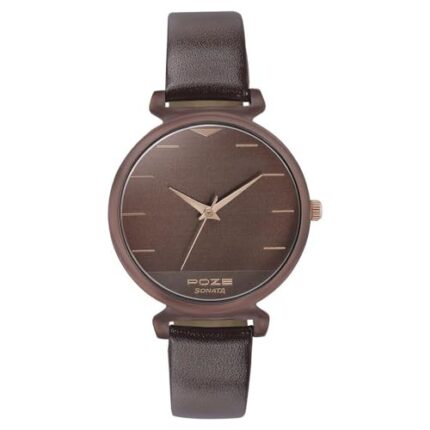 Sonata Poze Quartz Analog Brown Dial Leather Strap Watch for Women-SP80007KL01