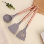 Star Work Silicon Spatula for Kitchen | Non-Stick | Cooking Spatulas with Wooden Handle | Spatula Turner Serving Cooking Spoon | Spatula Combs for Omlet Egg Dosa chapati Sambar (32cms | Grey)