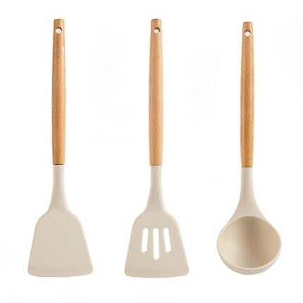 Star Work Silicone Spatula for Kitchen | Non-Stick | Cooking Spatulas with Wooden Handle | Spatula Turner Serving Cooking Spoon | Spatula Combs for Omlet Egg Dosa chapati Sambar (32cms | Cream)