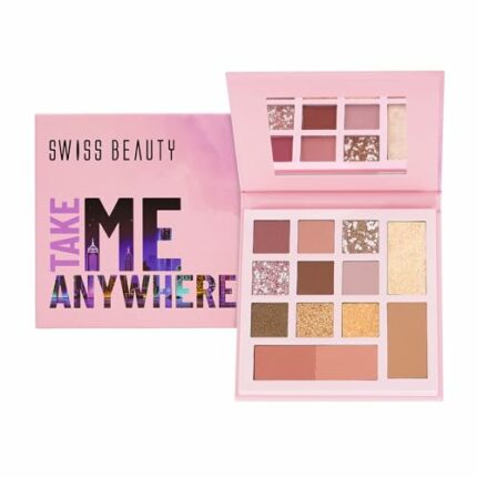 Swiss Beauty Take Me Anywhere Face and Eye Palette | 9 Eyeshadow shades, 2 blushers, 1Contour, 1 Highlighter | Highly pigmented, Blendable Mattes and Metallic shades | Shade- Travel Time, 12g