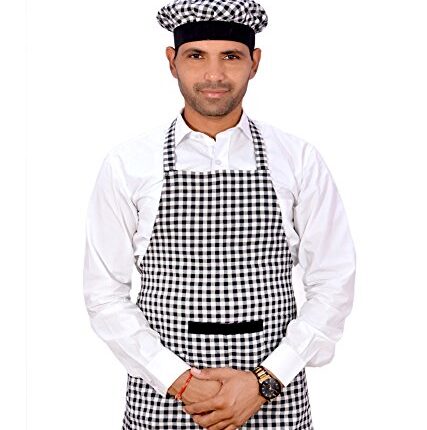 Switchon Cotton Kitchen Apron with Cap in Black and white Checks