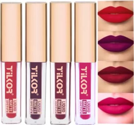 TILKOR Beauty Set of 4 Liquid Matte Mini Lipsticks, Red Edition - Long Lasting & Waterproof Lipstick Combo Pack Of Red, Maroon, Purple & Pink