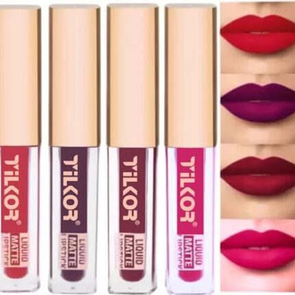 TILKOR Beauty Set of 4 Liquid Matte Mini Lipsticks, Red Edition - Long Lasting & Waterproof Lipstick Combo Pack Of Red, Maroon, Purple & Pink