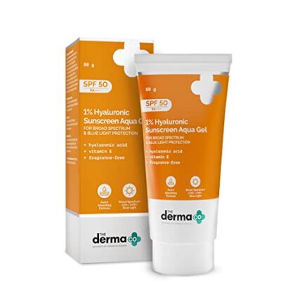 The Derma Co 1% Hyaluronic Sunscreen Aqua Gel SPF 50 PA++++ I Ultra Lightweight Texture, I Non-Greasy I No White Cast | Broad Spectrum Protection & Blue Light Protection I For All Skin Types- 80 g