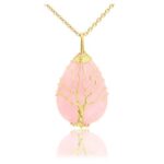 Top Plaza Natural Healing Crystals Rose Quartz Teardrop Gemstone Necklace Tree of Life Gold Copper Wire Wrapped Pendant Necklaces Reiki Quartz Jewelry for Womens