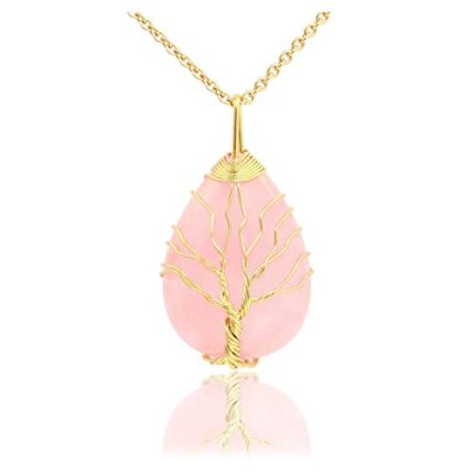 Top Plaza Natural Healing Crystals Rose Quartz Teardrop Gemstone Necklace Tree of Life Gold Copper Wire Wrapped Pendant Necklaces Reiki Quartz Jewelry for Womens