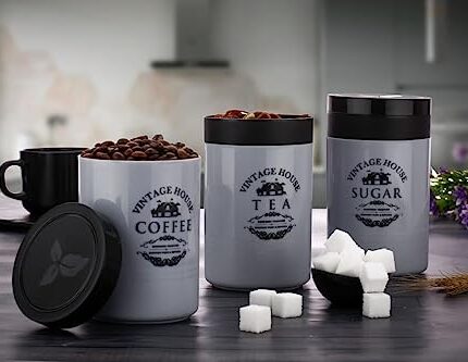 Tosaa Tea Sugar Coffee Container Set Of 3 | Kitchen Counter Top Airtight Storage Canister With Lids (Gray, 800ml, Plastic)