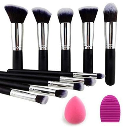 URBANMAC Premium Synthetic Kabuki Foundation Face Powder Blush Eyeshadow Brush Makeup Brush Kit with Blender Sponge and Brush Cleaner (10 pcs, Black/Silver)