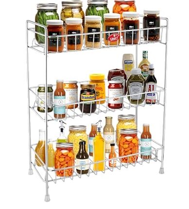 Unify Stainless Steel 3 Tier Kitchen Countertop Spice Container Organizer Rack with Shelf Liner for Kitchen/Cabinet/Pantry/Office (Rectangle), 39L x 19.5B x 50H cm