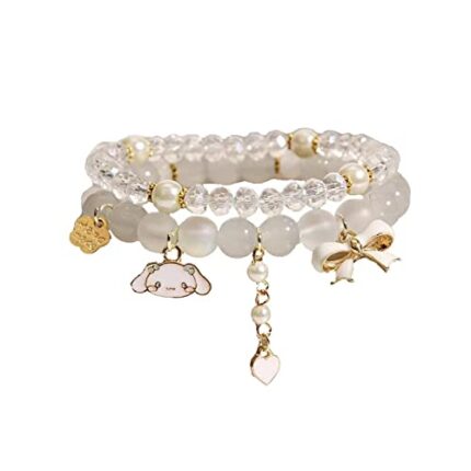 Venzina® 2pcs Crystal Bead Bracelet for Woman Girls Cinnamoroll Charm Friendship Bracelet for Girls, Dual Layered Cute Cartoon Beige Elastic Bracelet for Women Girls Teens Gift