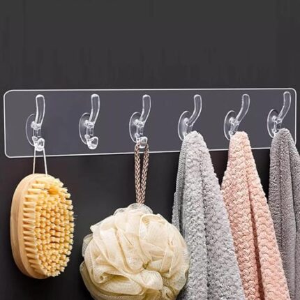 Wall Hanger Hooks for Cloth Hanger for Wall Strong Self Adhesive Magic Sticker for Kitchen Hangers and Hooks, Home, Bathroom, Bedroom, Door Sticker Hooks for Walls (Pack of 1, 6 Hook Strip)