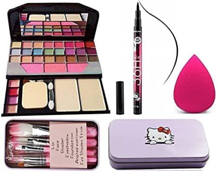 Women's & Girl's Tya 6155 Multicolour Makeup Kit and 7 Pink Makeup Brushes Set, 36H Waterproof Eyeliner Pencil with 1 Pink Beauty Blender - (Pack of 10)