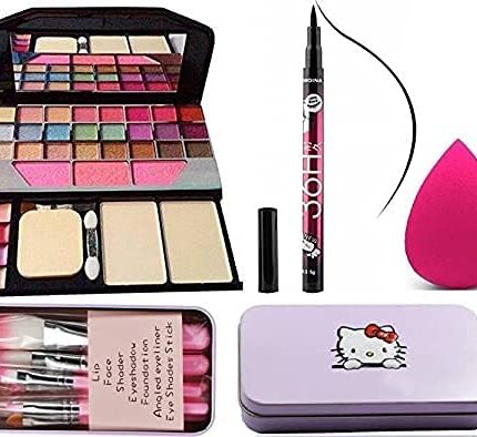 Women's & Girl's Tya 6155 Multicolour Makeup Kit and 7 Pink Makeup Brushes Set, 36H Waterproof Eyeliner Pencil with 1 Pink Beauty Blender - (Pack of 10)