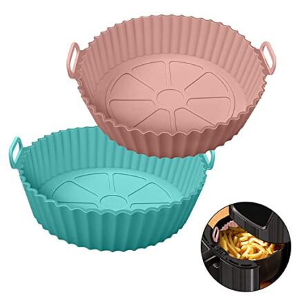 Xacton Air Fryer Liners I Round Silicone Basket Baking Tray I Pot with Ear Handles I Nonstick Reusable Heat Resistant I Cooking Oven Insert Accessories - Multicolor (8 inch, Pack of 2)