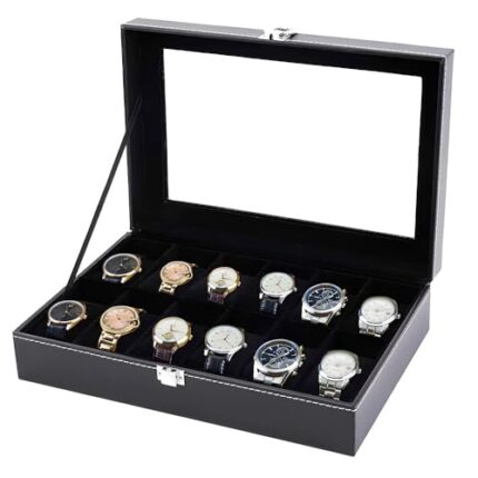 ZENWOOD Men's Women's, 12-Slot Watch Case with Large Glass Lid, Removable Watch Pillows, Watch Box Organizer, Gift for Loved Ones, Black Leatherette, Black Color Velvet