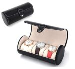 Zollyss 3 Slot Leather Travel Watch Case Roll Organizer Classic Black