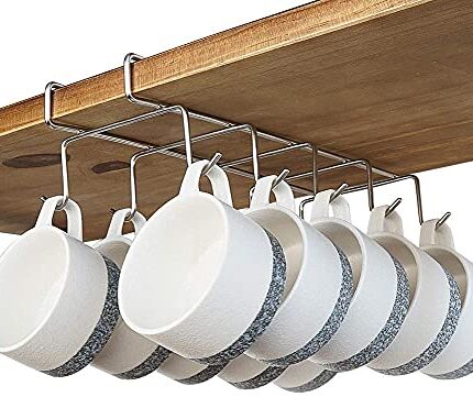 Zollyss 304 Stainless Steel Under Shelf Coffee Mug Cup Holder Rack Organizer Stand for Kitchen Counter, Cabinet, Table with 10 Hooks, Pack of 1