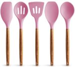 Zulay Non-Stick Silicone Utensils Set with Authentic Acacia Wood Handles - 5 Piece Silicone Cooking Utensils Set - Pink