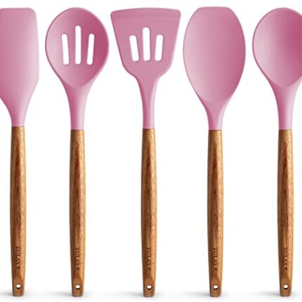 Zulay Non-Stick Silicone Utensils Set with Authentic Acacia Wood Handles - 5 Piece Silicone Cooking Utensils Set - Pink