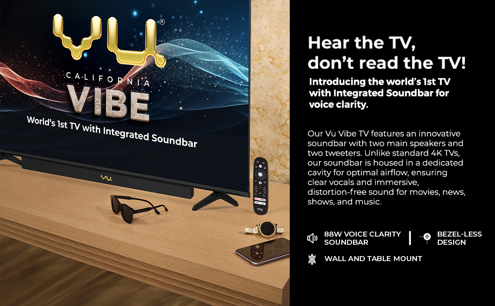 vu vibe tv 2024, vu vibe tv with integrated voice clarity soundbar, vu vibe qled tv 2024