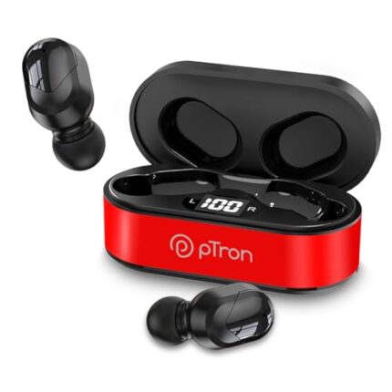 pTron Bassbuds Plus in-Ear TWS Earbuds with HD Mic, Bluetooth 5.0 Headphones, 28Hrs Playtime, Immersive Sound, Stereo Calls, Voice Assistant, IPX4 Water Resistant & Fast Charging (Red & Jet Black)