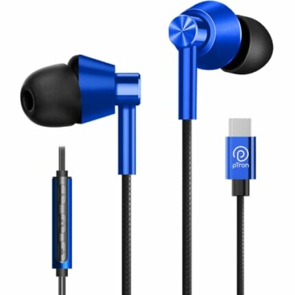 pTron Boom Play X1 In-Ear Type C Wired Headphones with Mic, 13mm Driver for Immersive Audio, 1.2m Fish Scale Style Tangle-free Cable, In-line Controls, Metal Buds, Snug-fit & Wide Compatibility (Blue)