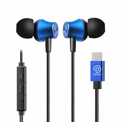 pTron Boom Play in-Ear Type C Wired Headphones with Mic, 10mm Drivers for Immersive Audio, 1.2m Fish Scale Style Tangle-Free Cable, in-line Controls, Metal Buds, Snug-fit & Wide Compatibility (Blue)