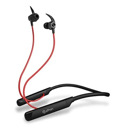 pTron Tangent Sports, 60Hrs Playtime, ENC BT5.2 Headphone, AptSense 40ms Low Latency Gaming, Punchy Bass, Dual Device Pairing, in-Ear Wireless Earphone, HD Mic, Type-C Fast Charging & IPX4 (Black/Red)