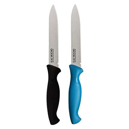 Kai Stainless Steel Kitchen and Vegetable Knife Plain and Serrated Blade Set, 2-Piece, Black and Blue