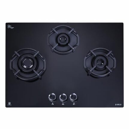 Elica Hob 3 Italian Burner Auto Ignition Glass Top With Direct Multi-Flame Brass Burner Gas Stove (Flexi Hexa 360 Lotus Ind Hd Brass) - Black