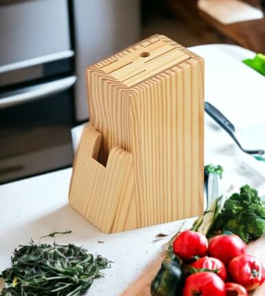 Wooden Knife Stand/Holder with 6 Universal Knife Slot, 1 Sharpener Rod & Scissor Slot Each- Knife Holder for Kitchen SWH
