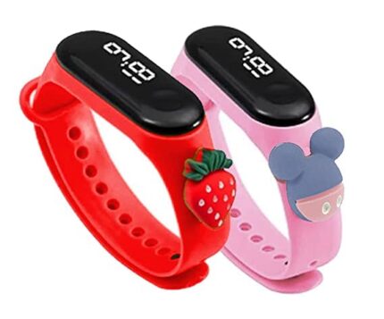 ZOVUTA Fashionable Kids Waterproof White Light LED Band Watch with Date & Time Display (Cartoon May Vary) Set of 2 Red & Baby Pink(Removable Silicon Strap)