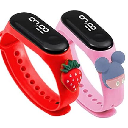 ZOVUTA Fashionable Kids Waterproof White Light LED Band Watch with Date & Time Display (Cartoon May Vary) Set of 2 Red & Baby Pink(Removable Silicon Strap)