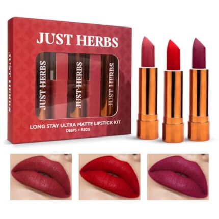 Just Herbs Ultra Matte Bullet Lipstick Nourishing Non Drying and Long Stay Lipsticks for Women (Deeps & Reds, Set of 3)