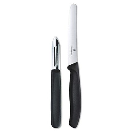 Victorinox Swiss Made Stainless Steel Swiss Classic Kitchen Knife Set (2 Pcs) Wavy Edge 11 cm and Traditional Peeler, Black, Kitchen Tools and Items | CB.5.0201.33