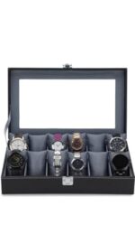 RBEEL Glass Top 12 Watch Black Leather Box Case Display Organizer Storage Tray for Men & Women (Black&Gray)