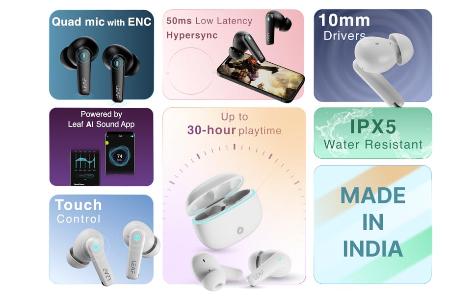 Leaf Buds X121, Earbuds under 1000, water resistant earbuds, Quad Mic with ENC, 