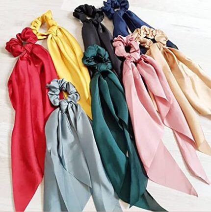 AB Beauty Pieces Hair Scrunchies Bowknot Satin Chiffon Long Tail Elastics Ribbon Ear Bow Pattern Colors Scrunchy Scarf Scrunchie Vintage Ponytail Holder Ties Bands Accessories for Women 6 Pcs