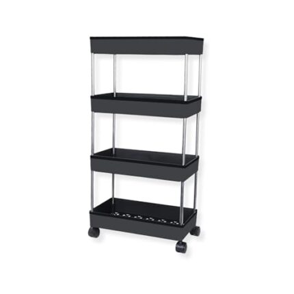 AEXONIZ Plastic Kitchen Storage Trolley Rack with Wheels, Slide Out Rolling Utility Cart Storage Shelves, Space Saving Home Storage Organizer Racks (Black, 4 Layer)