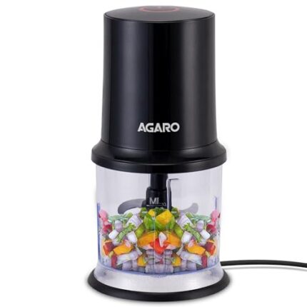 AGARO Electric Chopper, 400 Watts, Vegetable Chopper, Cutter, 100% Pure Copper Motor, Chop, Mince, Dice, Twin Stainless Steel Blade, 500 Ml, One Touch Operation, Elegant, Black.