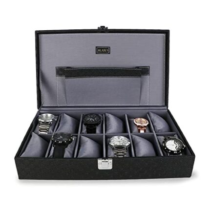 ALAWO Faux Leather Watch Box Organizer Case For Unisex With 12 Slots For Watches In Black And Gray Colour