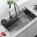 ARQUIN Premium 304 Grade 30x18x10 inchs Kitchen Sink with ANTI SCRATCH HONEYCOMB DESIGN Integrated Waterfall and Pull-down Faucet Set Stainless Steel Sink with Cup washer, RO Tap and Drain Baskets.