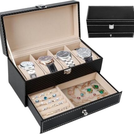 Abhsant Watch Box with 4 Compartments, Watch Box with Lid, 2 Levels, Watch Case with Removable Watch Cushion, Watch Box for Jewellery, Rings, Bracelets and Necklaces,(AB-02)